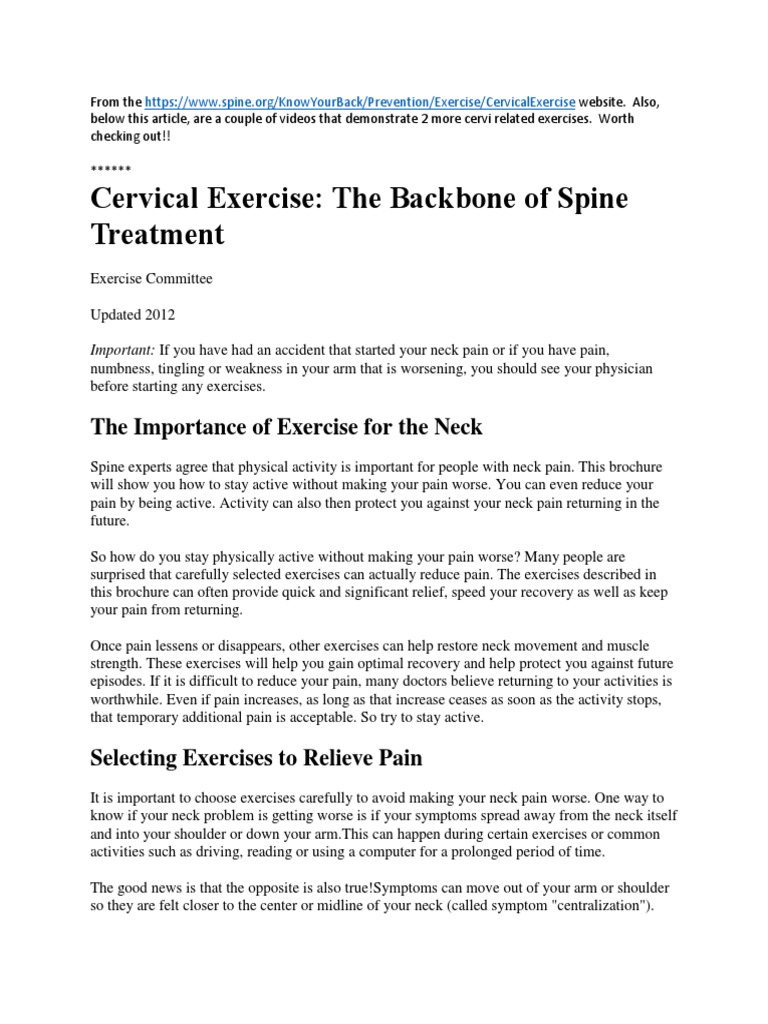 Cervical Exercise: The Backbone of Spine Treatment | PDF | Pain | Human ...