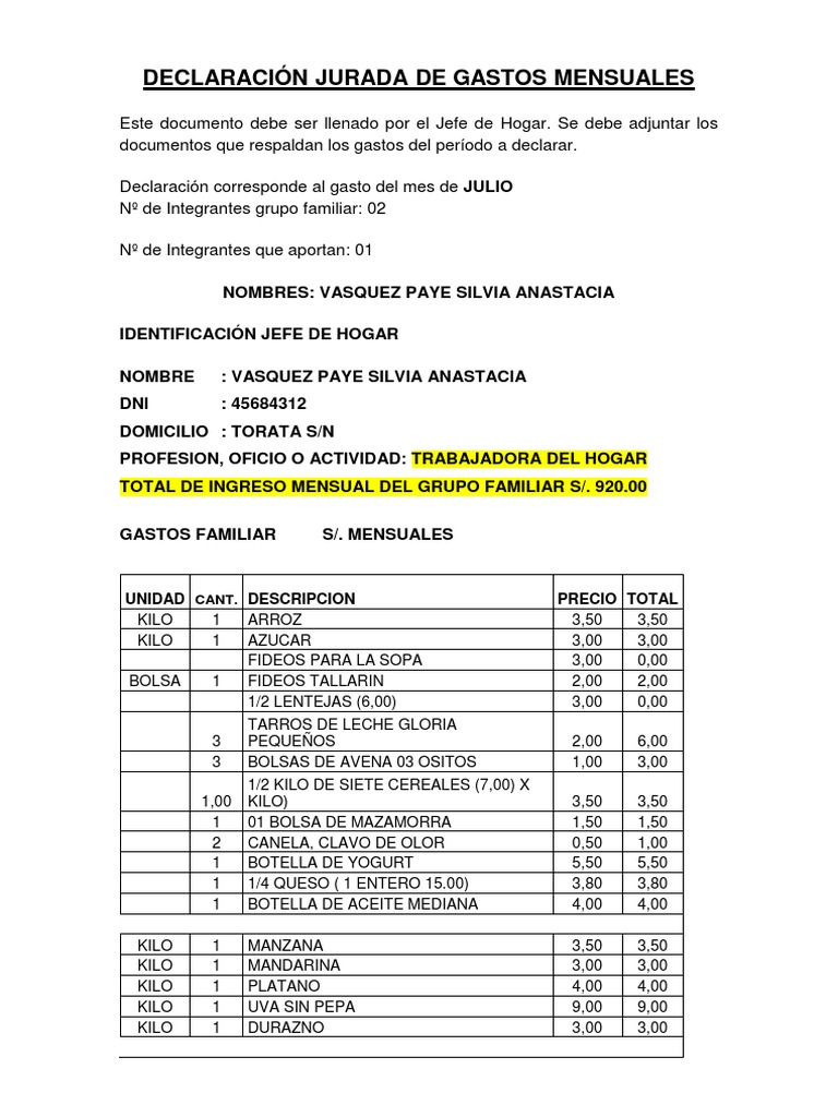 Declaracion Jurada de Gastos Mensuales | PDF | Negocios | Derecho