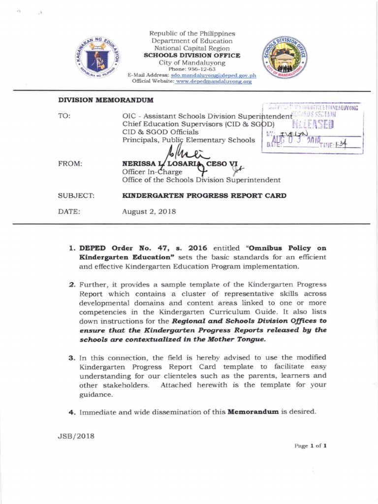 Kindergarten Progress Report Card PDF