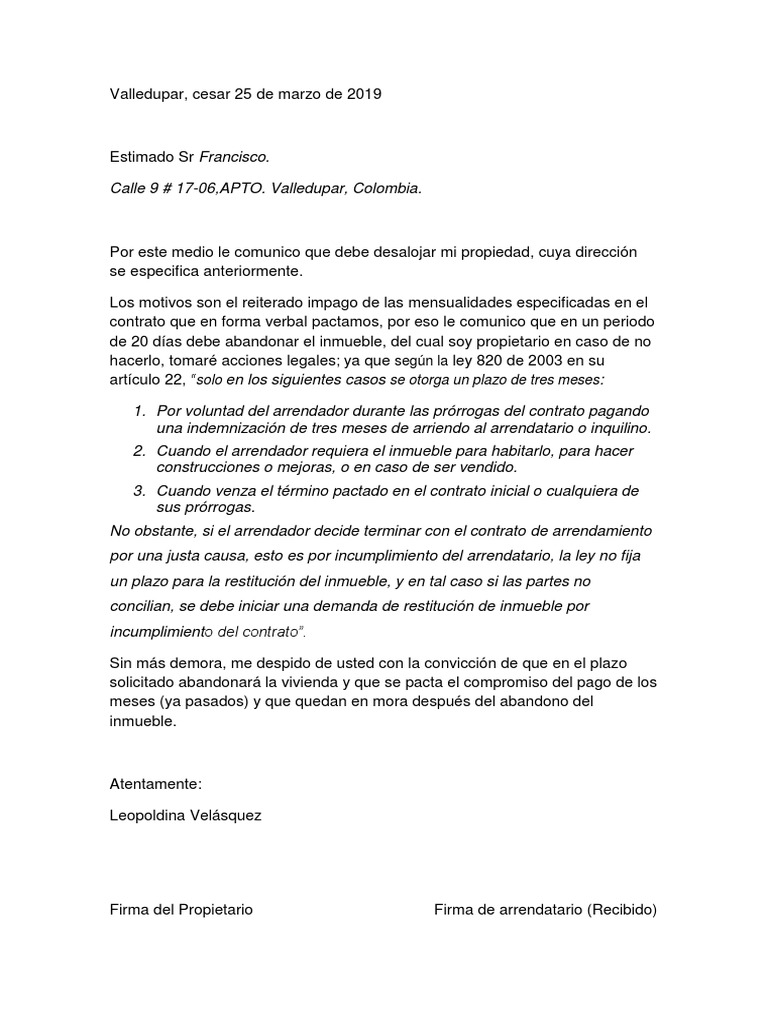 Ejemplo de Carta de Aviso de Desalojo (Autoguardado) PDF Alquiler