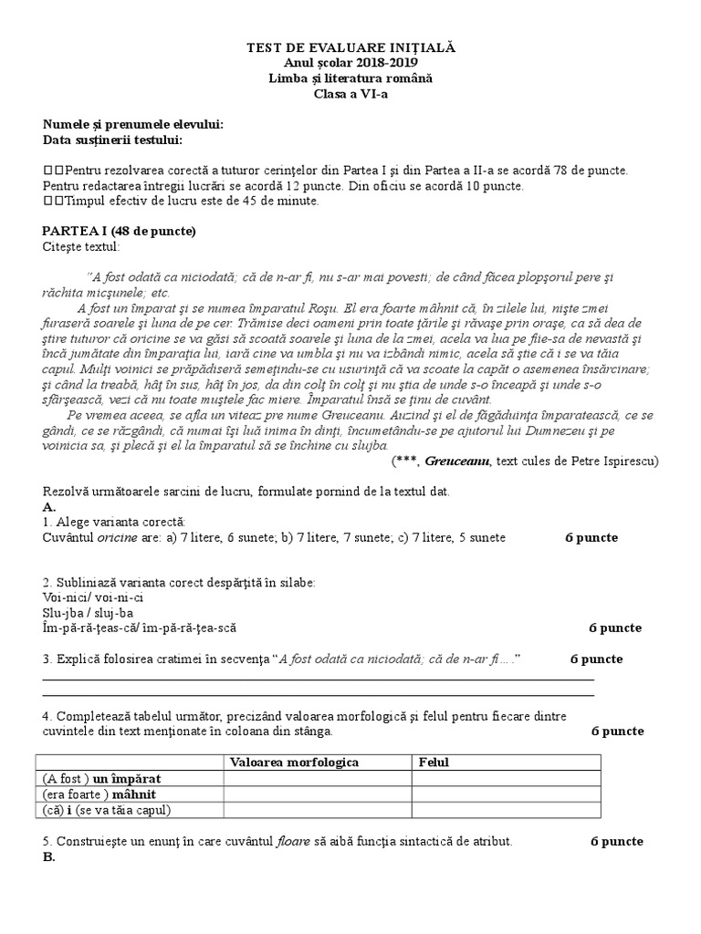 Test de Evaluare Iniţială - 6 | PDF