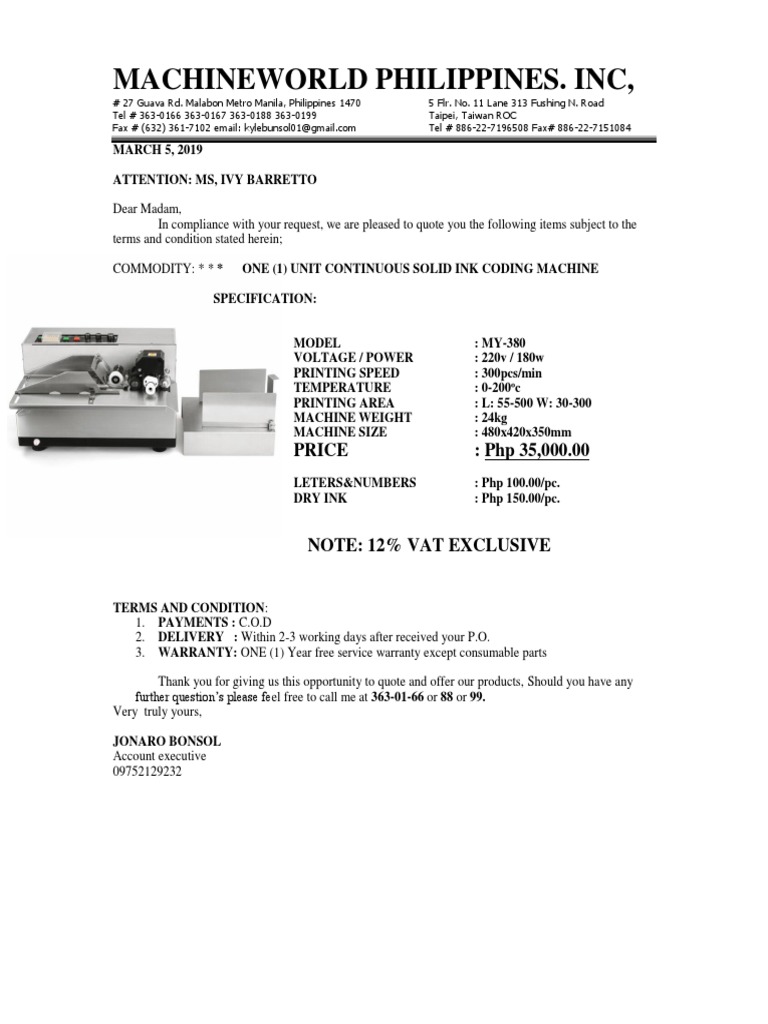 MY-380 Solid Ink Coding Machine Quote | PDF | Business | Technology ...