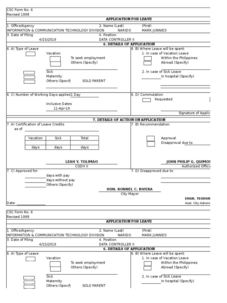 Application For Leave: Engr. Teodorico B. Dumagan, Jr. Mpa | PDF ...