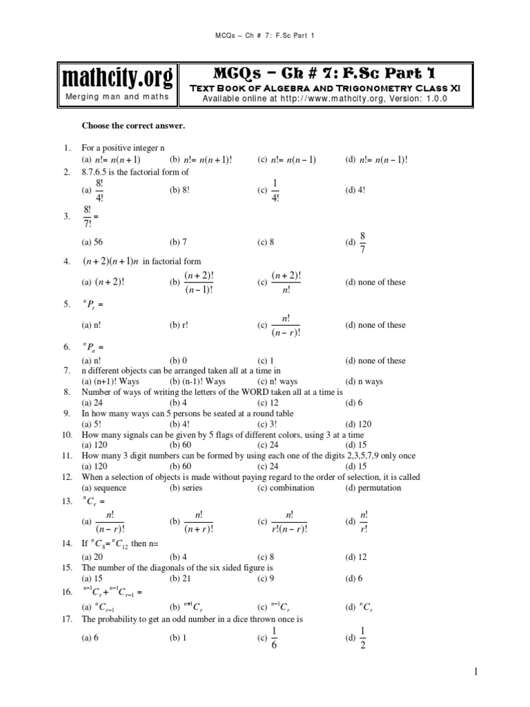 MCQs for Algebra & Trigonometry Ch 7 | PDF | Mathematical Concepts ...