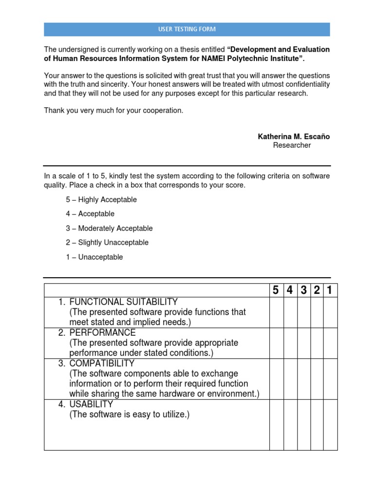 User Testing Form for HRIS Evaluation | PDF