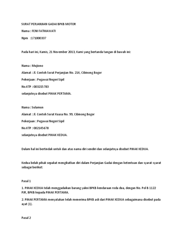 Surat Perjanjian Gadai Bpkb Motor