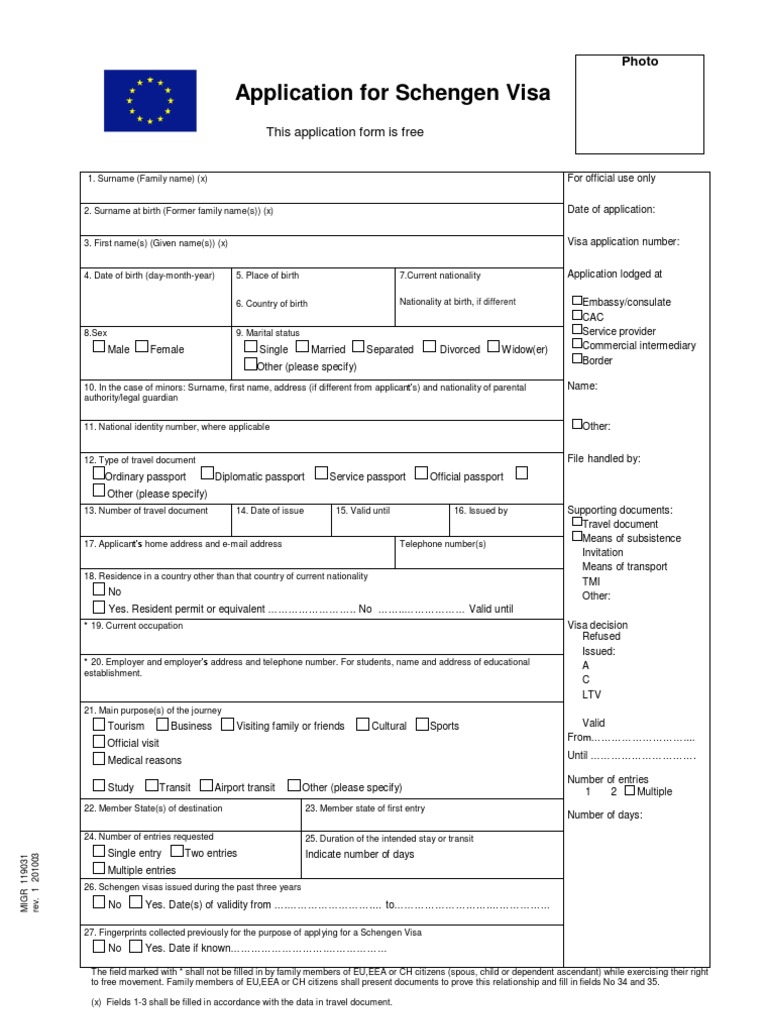 Application For Schengen Visa This Application Form Is Free