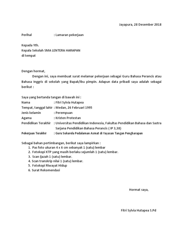 Surat Lamaran Sma Lentera
