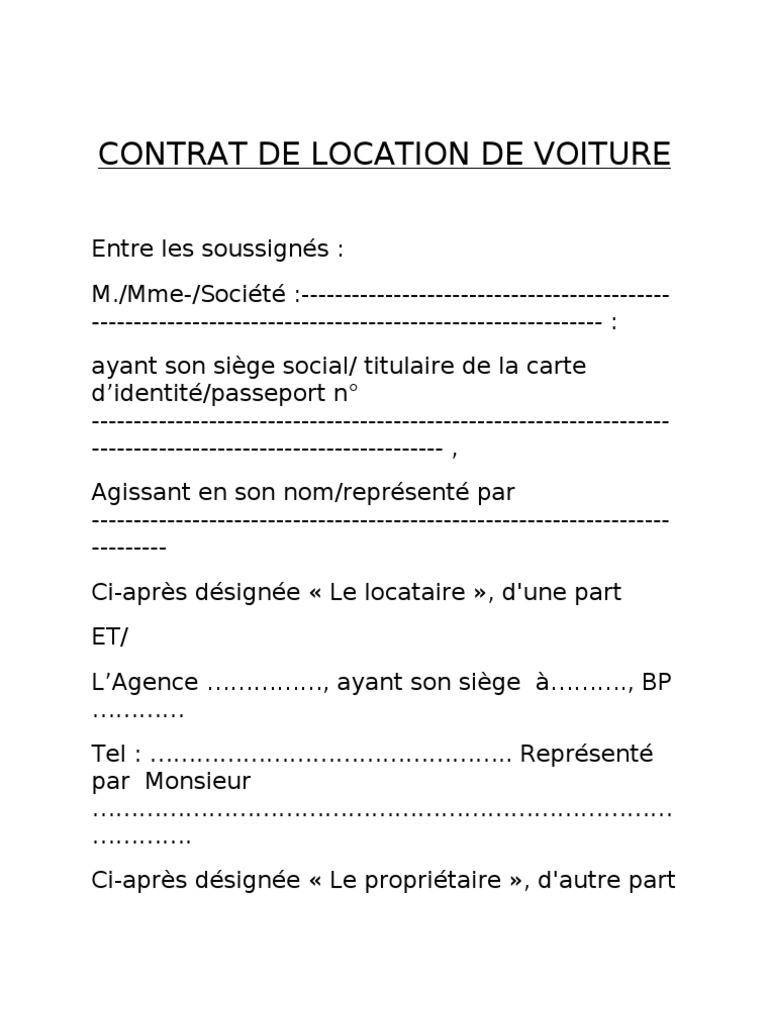 Contrat De Location De Voiture Location De Voiture Vehicules