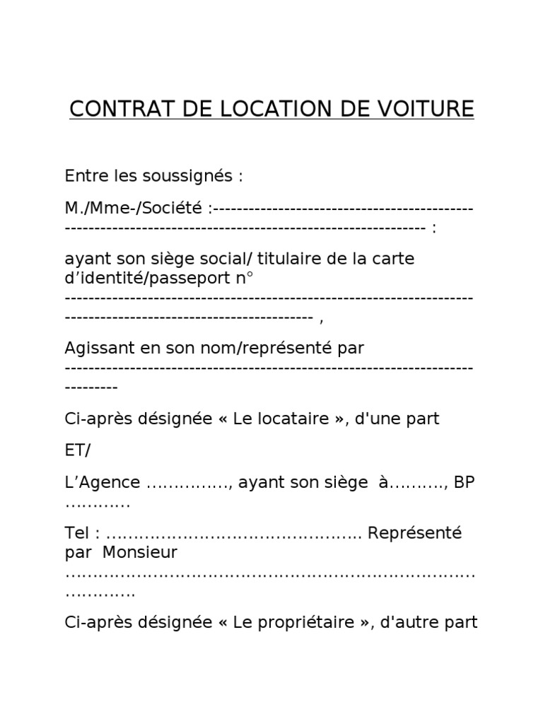Modèle Contrat De Location Véhicule Longue Durée
