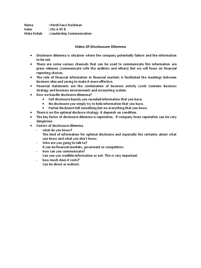 Understanding Disclosure Dilemma in Finance | PDF