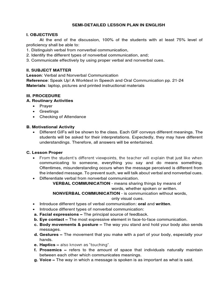 SEMI-DETAILED LESSON PLAN IN ENGLISH Ver | PDF | Nonverbal ...