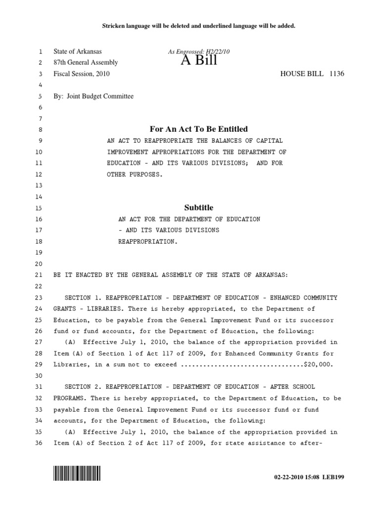 Arkansas Bill HB1136 | PDF | Appropriation (Law) | Appropriations Bill ...