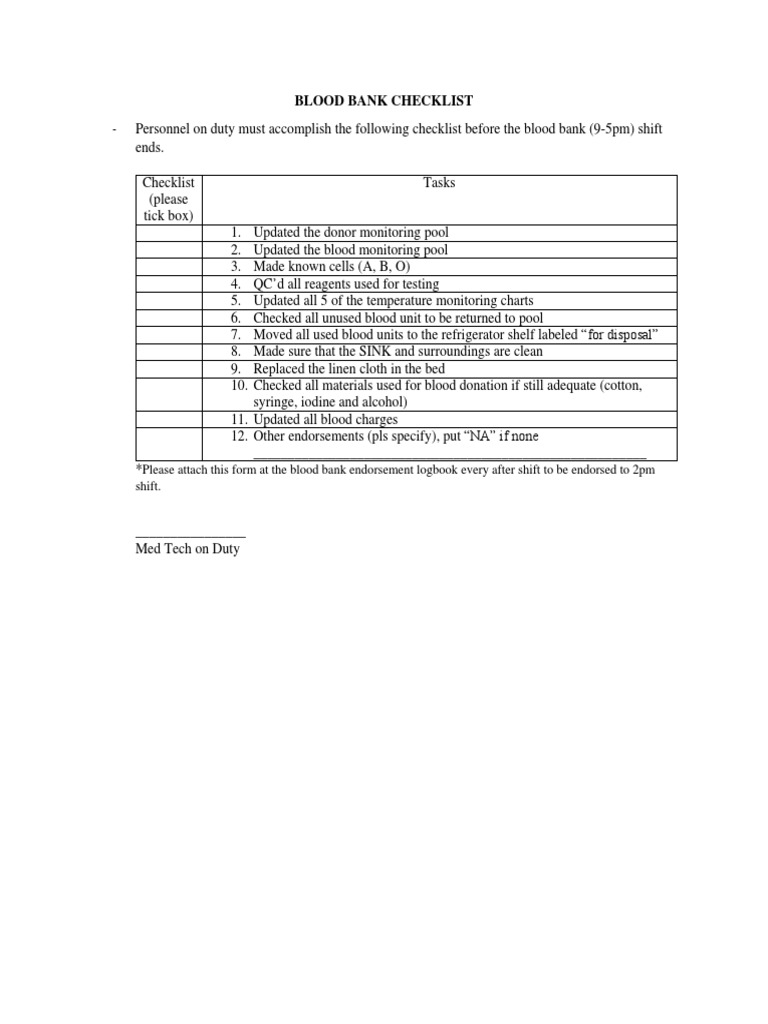 Blood Bank Checklist