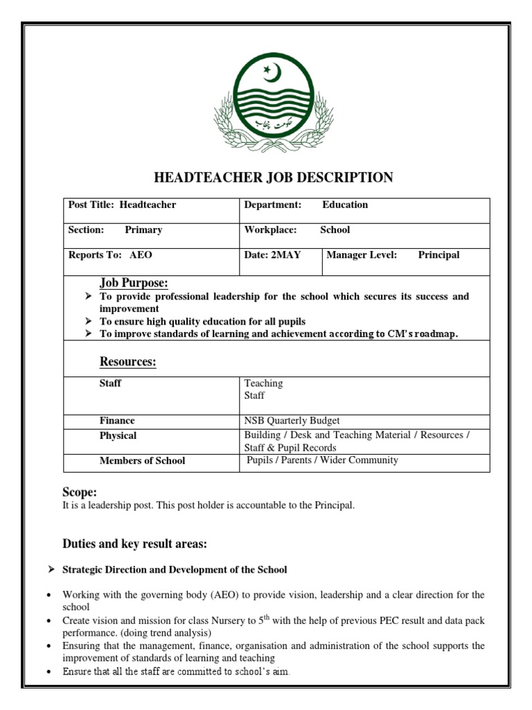Head Teacher Job Description Maryam PDF Head Teacher Teachers