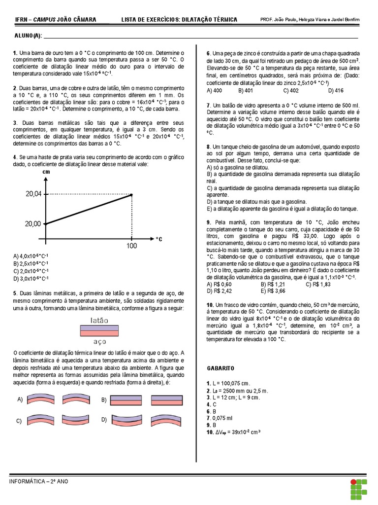Lista de Exercícios - Dilatação Térmica | Expansão Térmica | Temperatura
