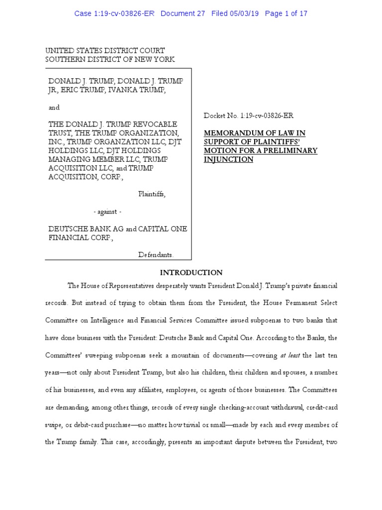 Trump Memorandum Of Law In Deutsche Bank Suit Federal Government