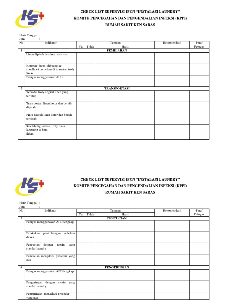 Checklist Supervisi Laundry RS Ken Saras | PDF