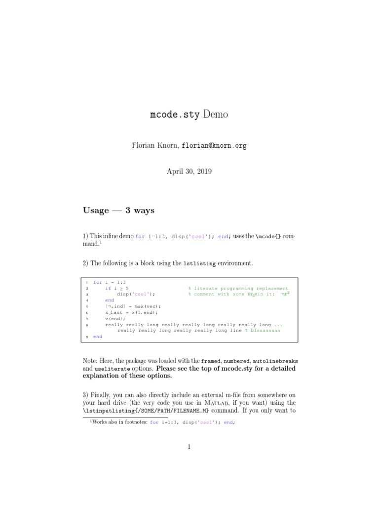 Highlighting MATLAB Code in LaTeX With Mcode | PDF