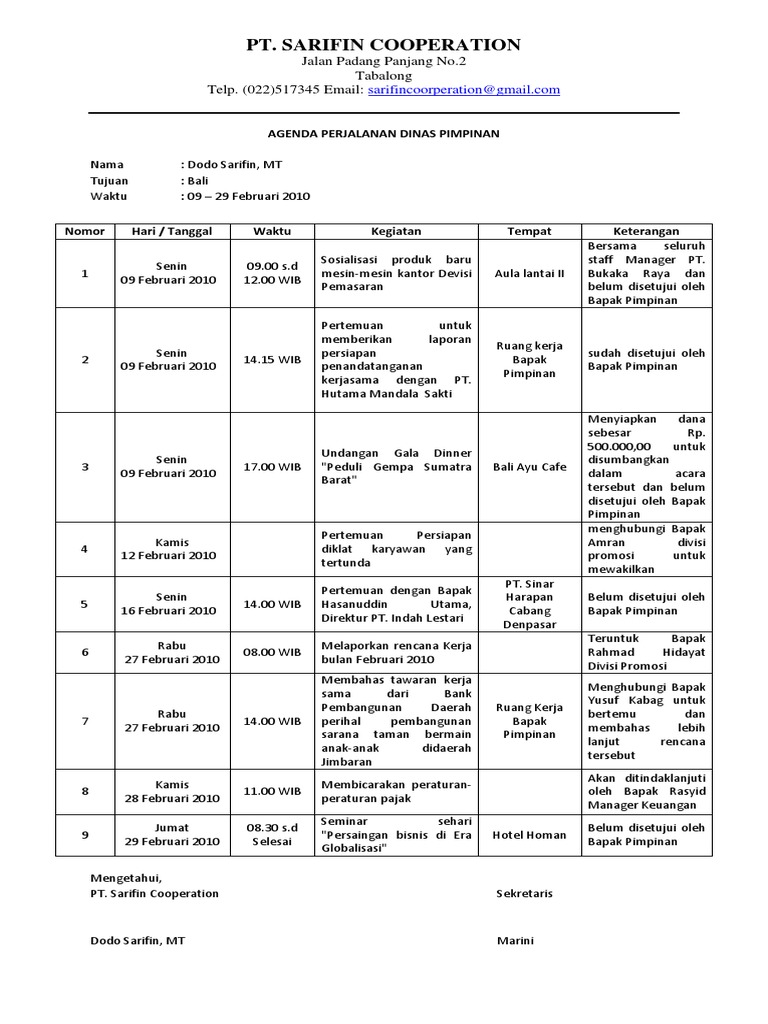 Contoh Agenda Perjalanan Dinas Pimpinan  Gambaran