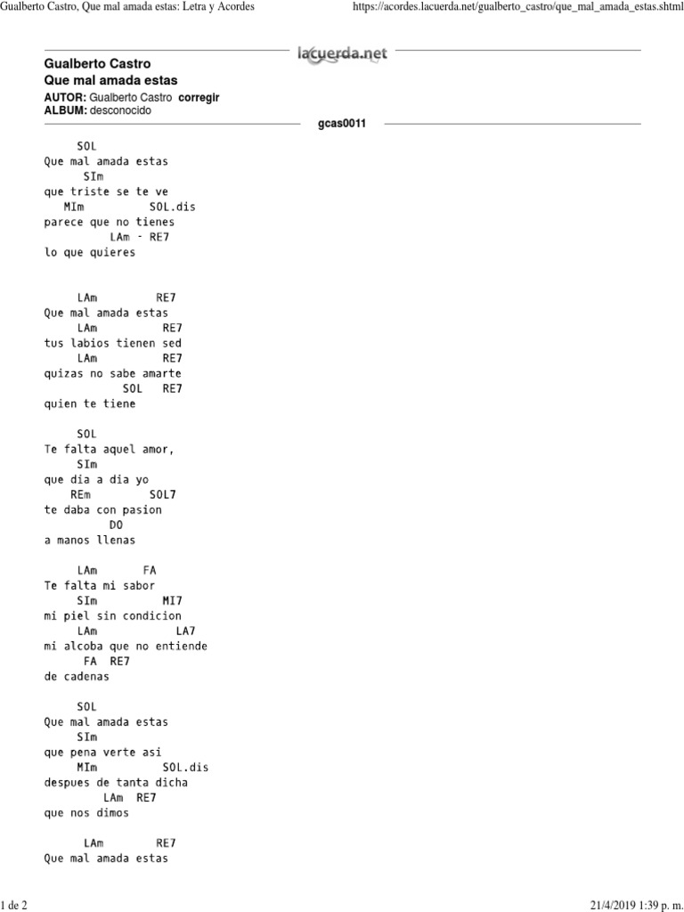 Canción Que Mal Amada Estás PDF
