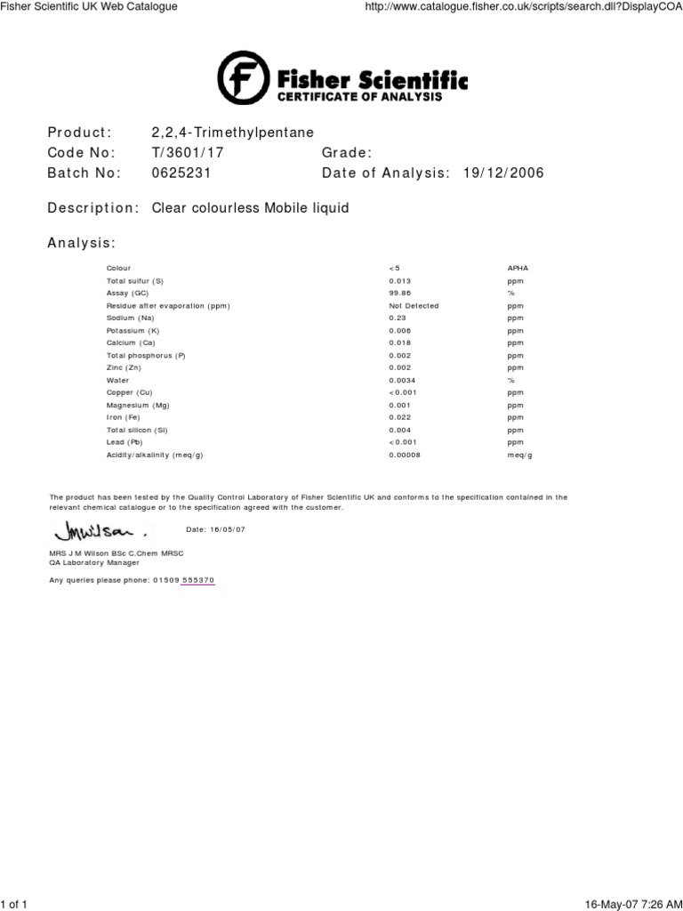 COA Iso Octane | PDF | Phosphorus | Silicon