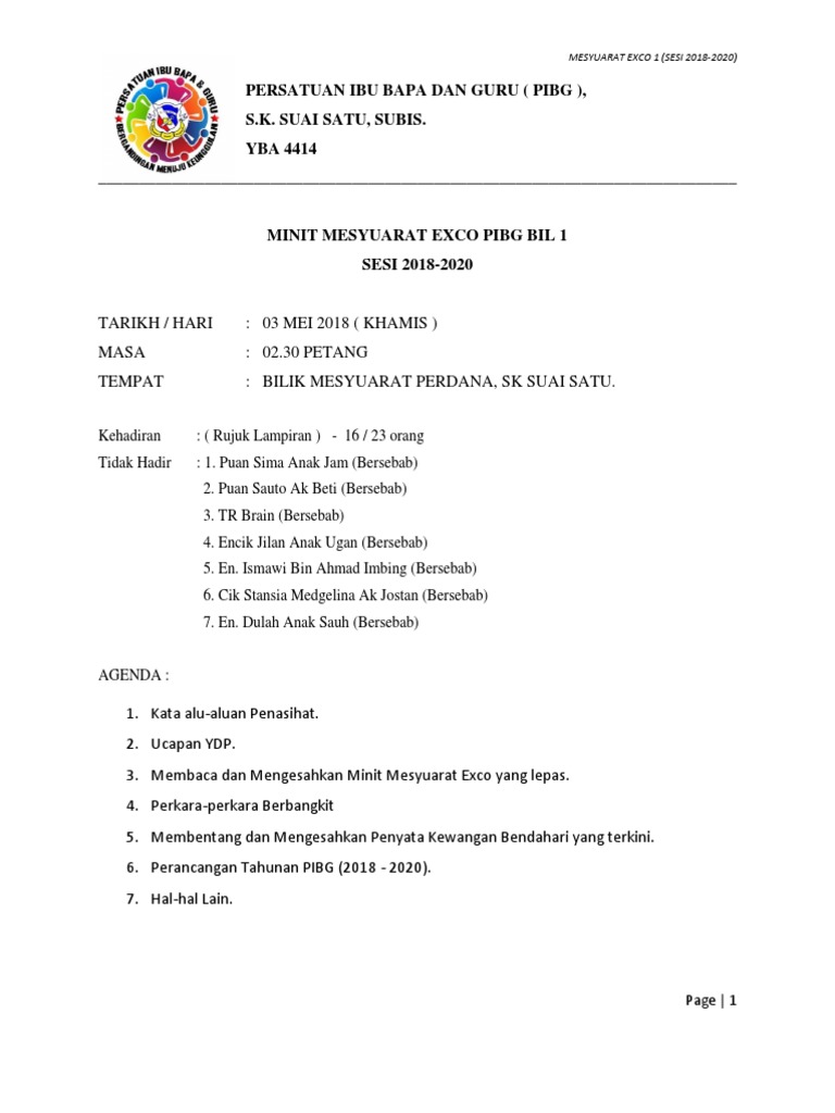 Contoh Minit Mesyuarat Exco PIBG | PDF