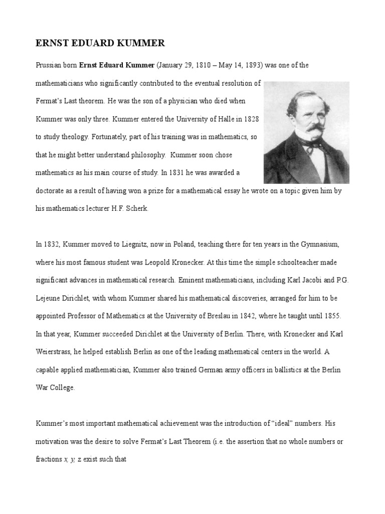 Kummer, Ernst Eduard PDF Prime Number Fermat's Last Theorem