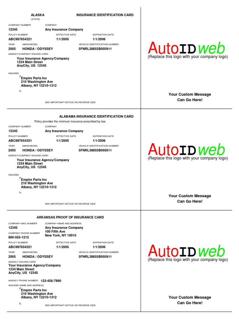 Sample Auto Insurance Card Template | PDF | Vehicle Insurance ...