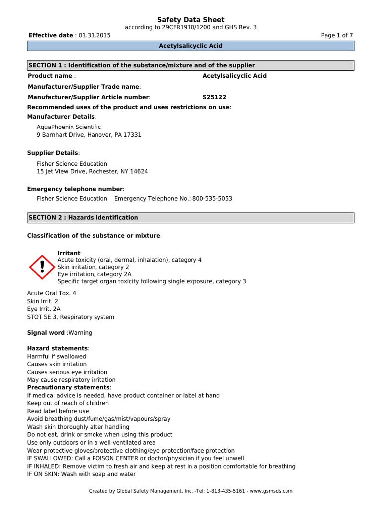 MSDS Aspirin PDF Toxicity Waste