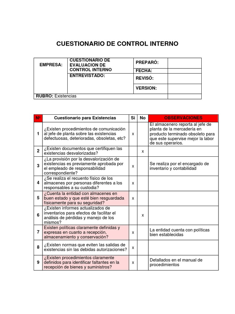 Cuestionario de Control Interno | PDF | Contabilidad | Business