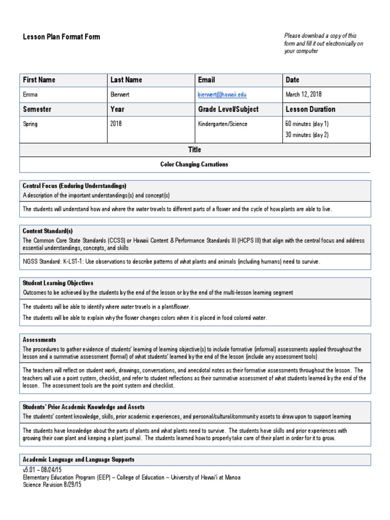 Kindergarten Science Lesson Plan: Color Changing Carnations | PDF ...