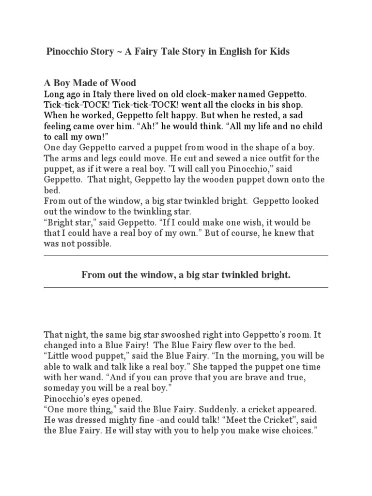 Pinocchio Story A Fairy Tale Story in English For Kids | PDF ...