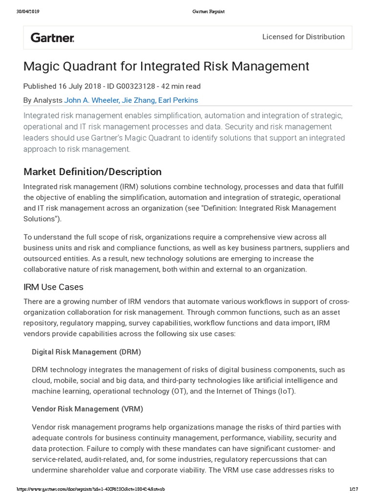 Gartner MQ Integrated Risk Management 2018 PDF Risk Management