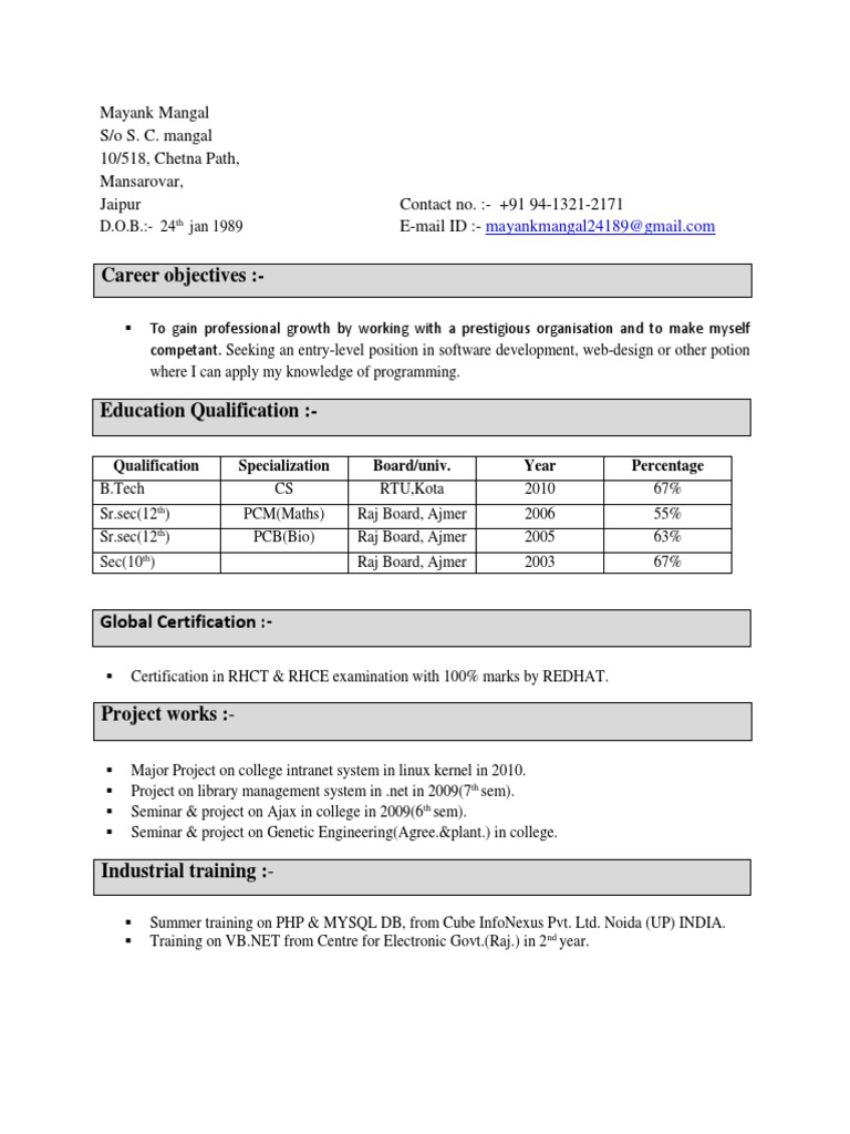 Mayank Mangal's Software Developer Resume | PDF