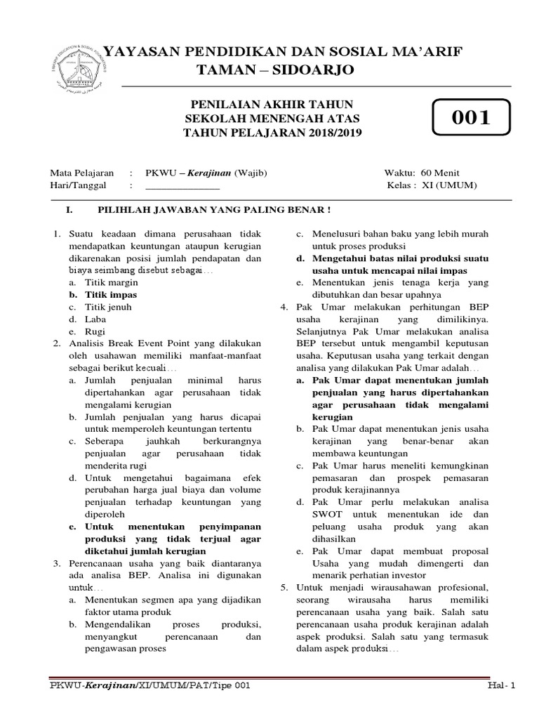 Contoh Soal Biaya Produksi Pkwu Mathlaul Khairiyah