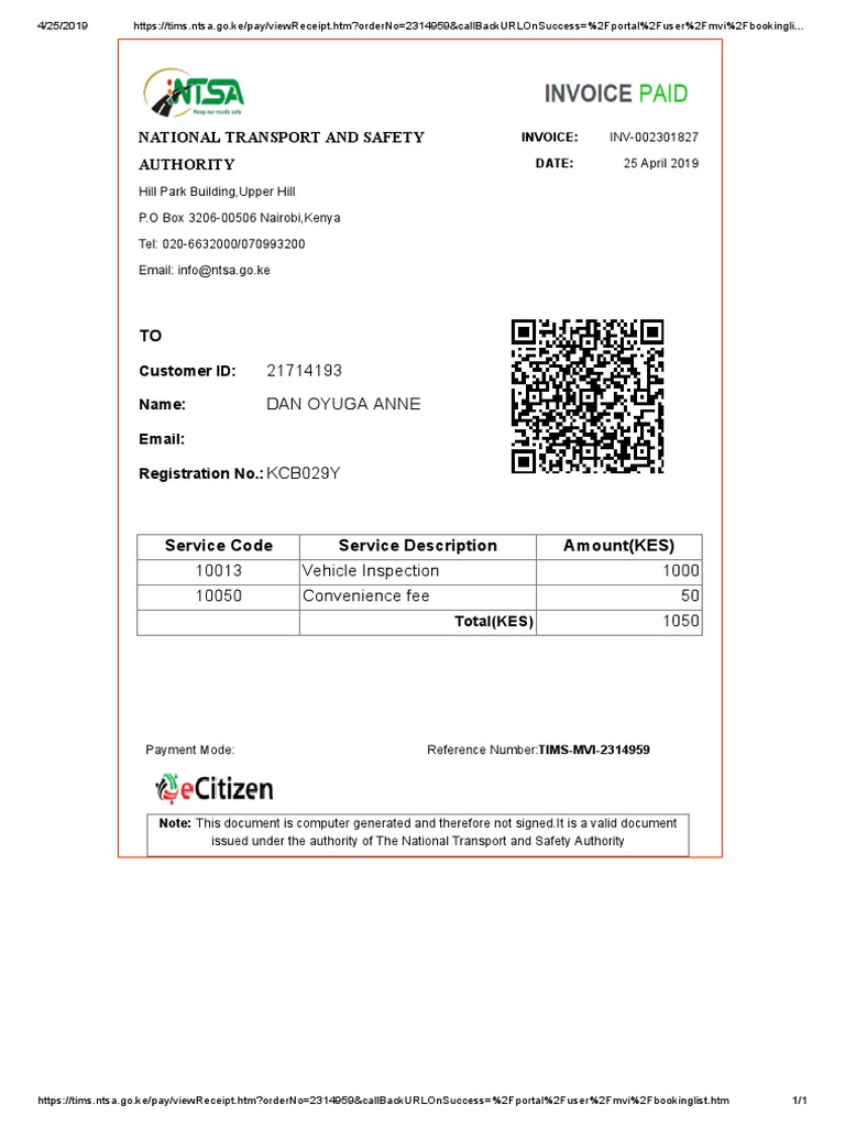 NTSA Vehicle Inspection Invoice | PDF