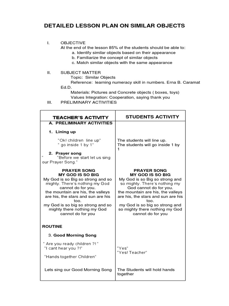 2.3 Detailed Lesson Plan On Similar Objects | PDF | Lesson Plan ...