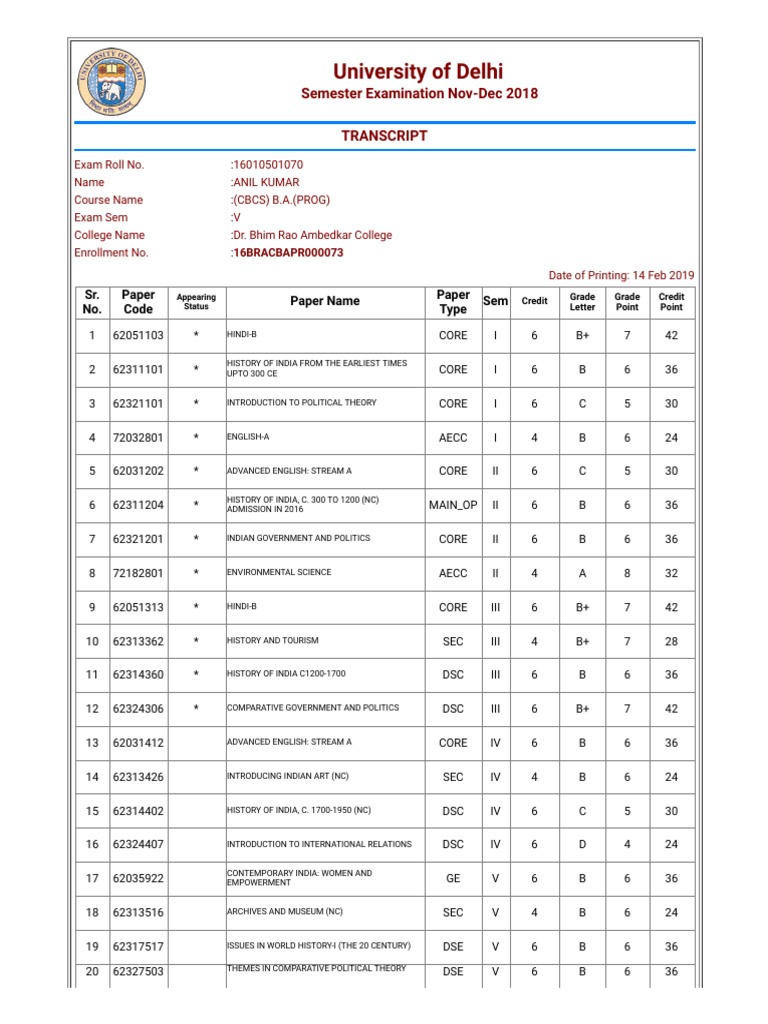 University of Delhi: Semester Examination Nov-Dec 2018 Transcript | PDF ...