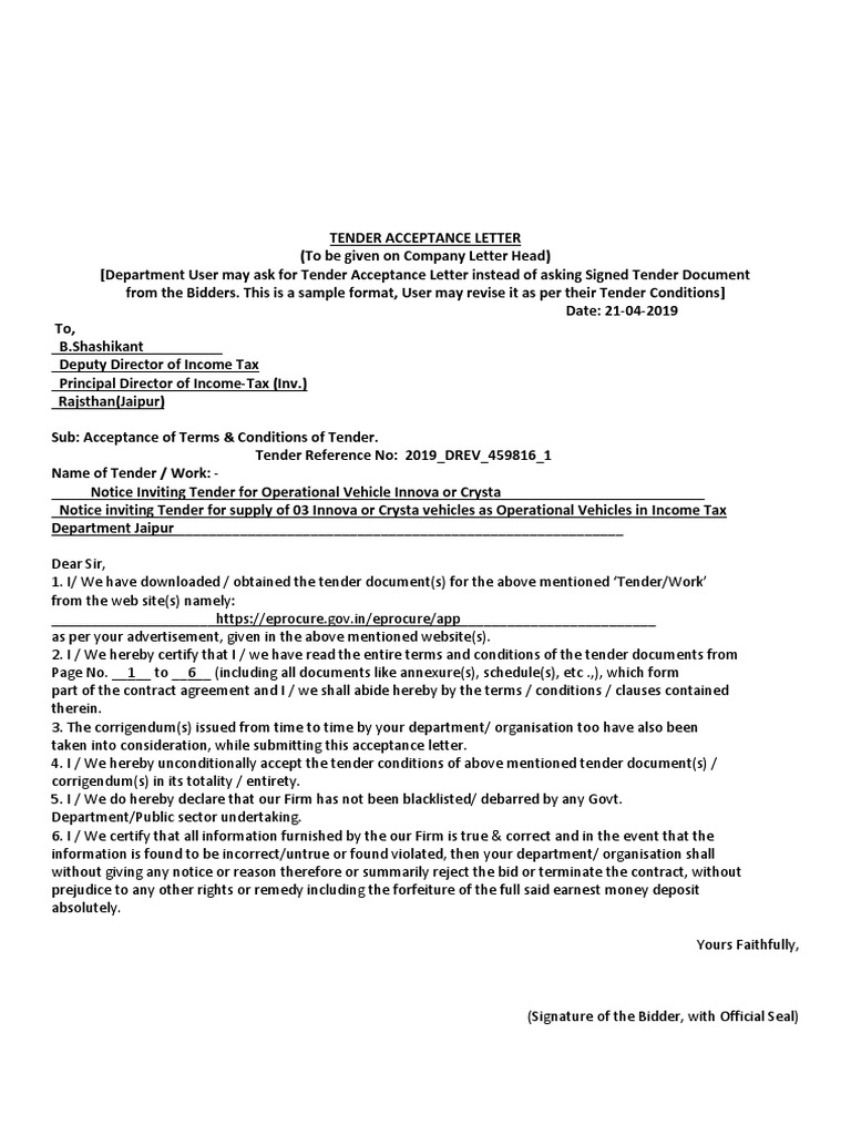 Tender Aceptance Letter | PDF | Income Tax In India | Justice