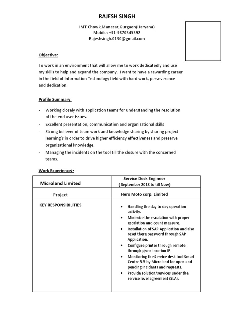 Rajesh Resume Service Level Agreement It Service Management