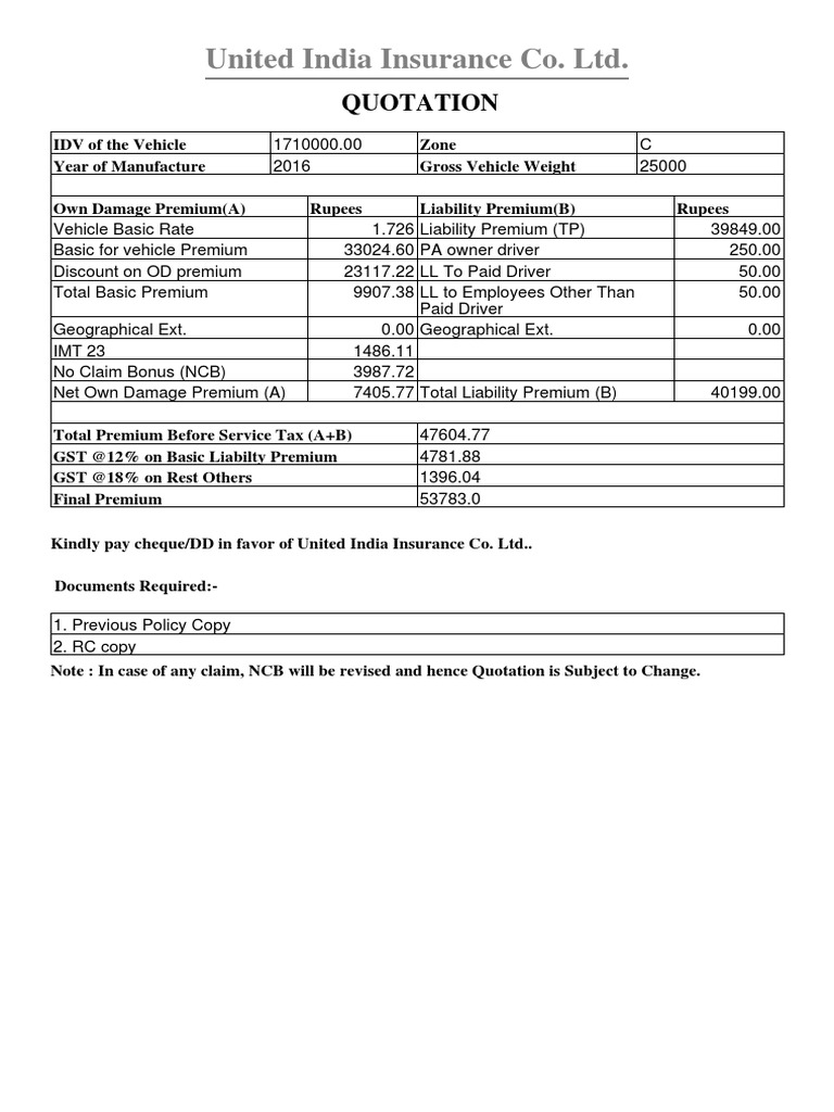 United India Insurance Vehicle Quotation | PDF