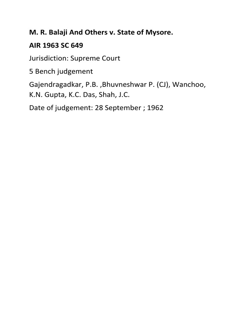 Balaji V State of Mysore Case | PDF | Supreme Court Of India | Government