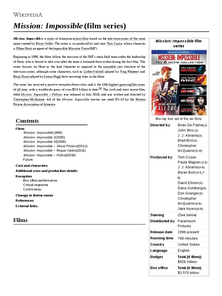 Mission Impossible (Film Series) | PDF | Leisure