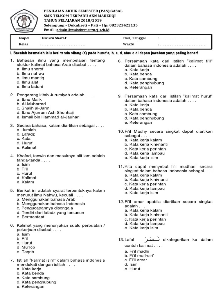 01 Nahwu Shorof Soal Uas Smt 1 X Rpl Tkj Tkr Kirim Docx
