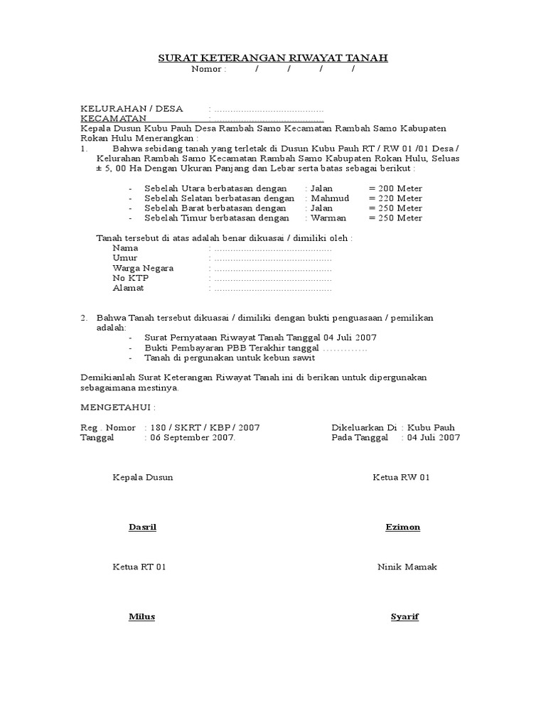 Contoh Surat Keterangan Riwayat Tanah Dari Desa Kunci Soal Lengkap