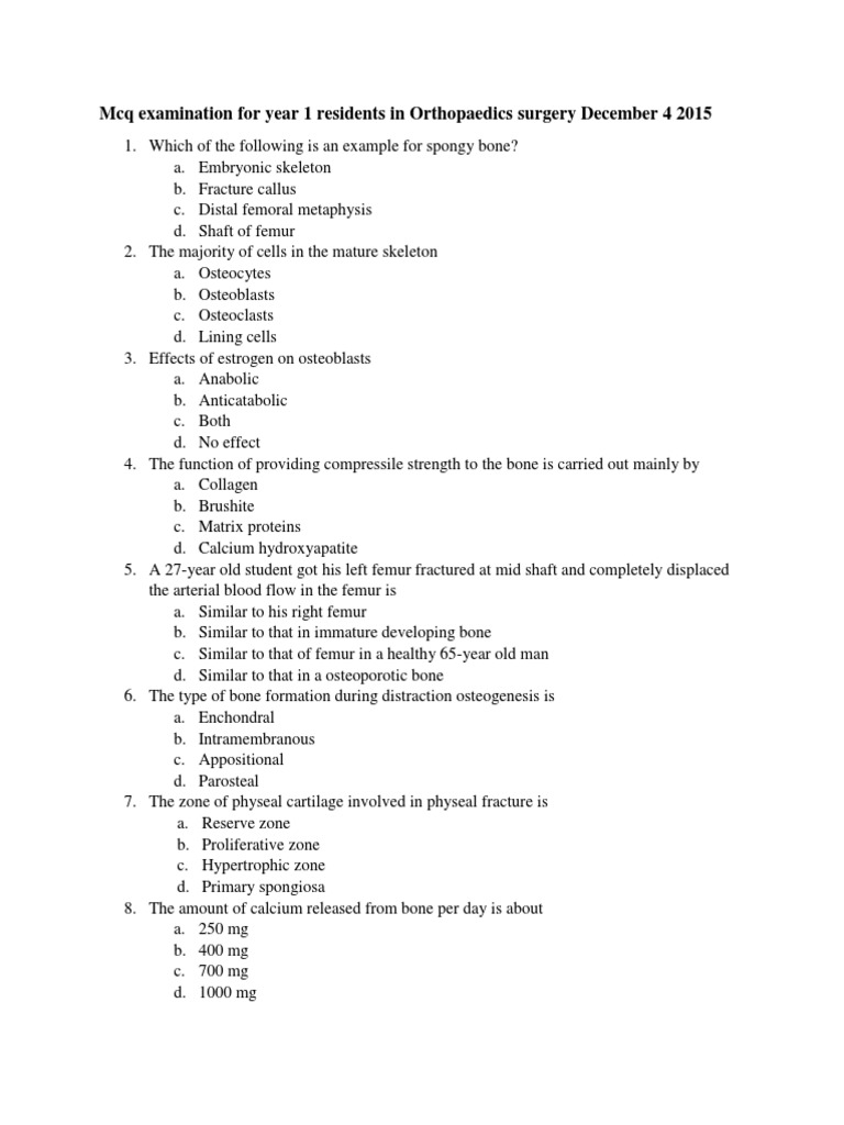 MCQ Examination For Year 1 Residents in Orthopaedics Surgery PDF