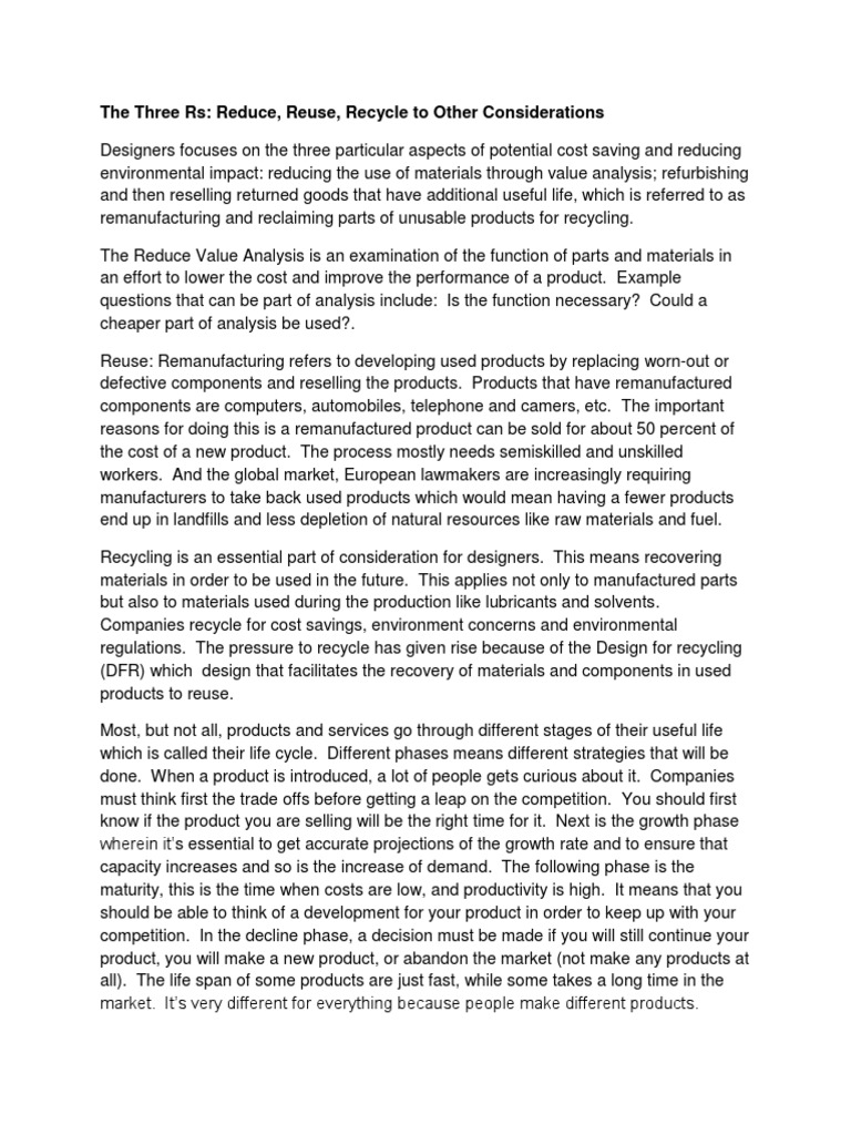 The Three Rs Reduce, Reuse and Recycle To Other Conditions | PDF ...