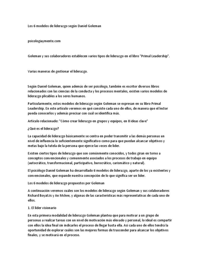 Tipos de Liderazgo Según Goleman | PDF | Liderazgo | Sicología