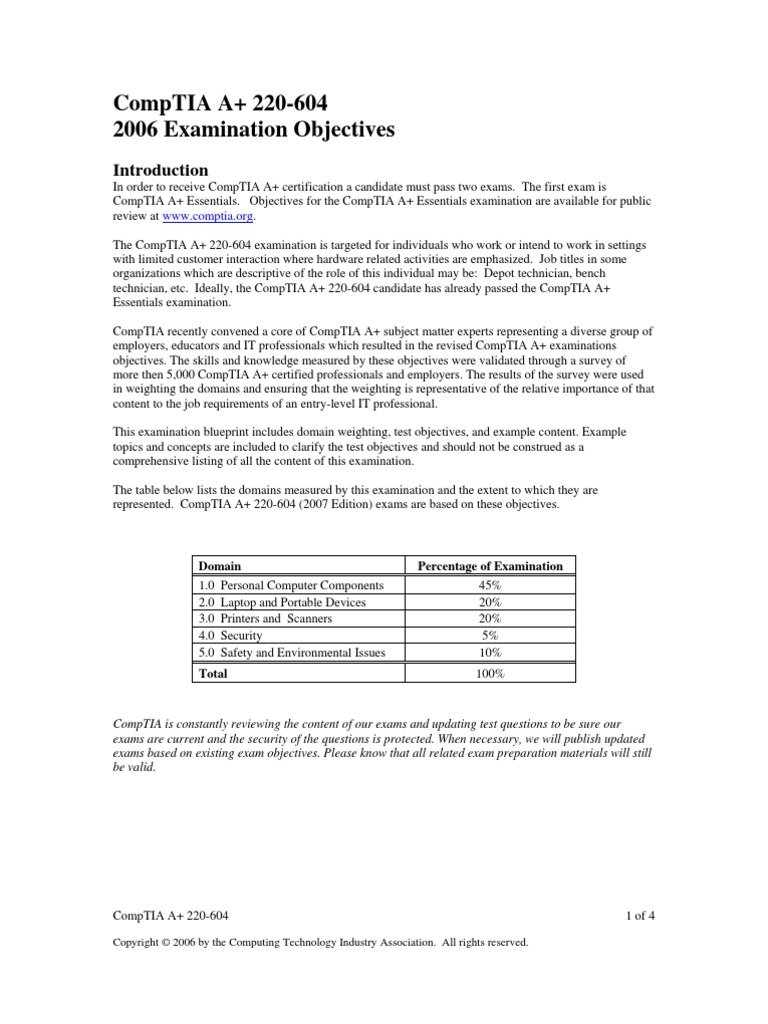 Comptia A+ 220-604 2006 Examination Objectives: Domain Percentage of ...
